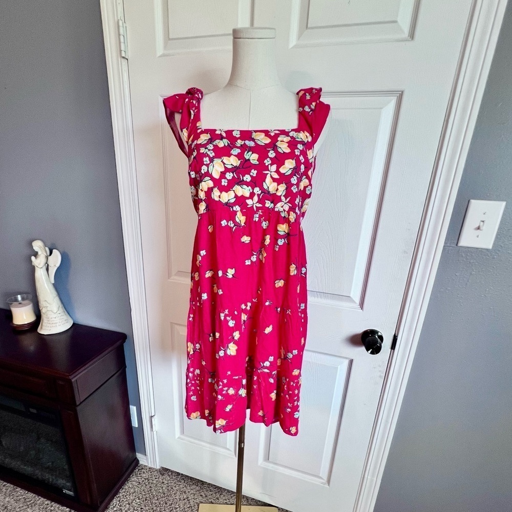 LC Lauren Conrad NWT Ruffle Fit & Flare Apron Linen‎ Dress Red Lemon Orchard M - Picture 3 of 12